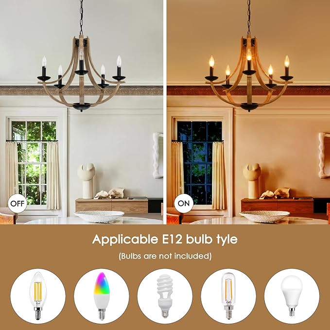 Farmhouse Chandeliers for Dining Room Light Fixture, 5-Light 24 inch Faux Wood Texture Hanging Lighting Fixtures, Rustic Candle Chandeliers for Living Room Kitchen Island Foyer Entryway