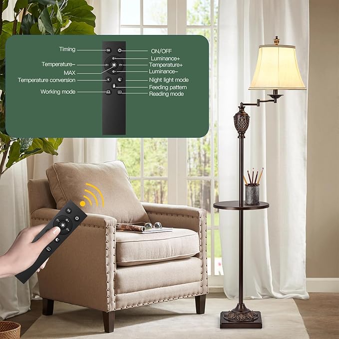 Traditional LED Floor Lamp with 350° Adjustable Swing Arm Lamp – Vintage Standing Pole lamp for Living Room, Bedroom and Office – Rustic Upright Floor Light for Home Décor with Silk Fabric Shade