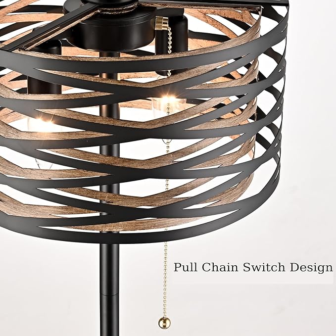 Farmhouse Black 2-Light Floor Lamp Metal Structure Wood Grain Shade with Pull Chain Switch, Perfect for Living Room, Bedroom, Reading Room