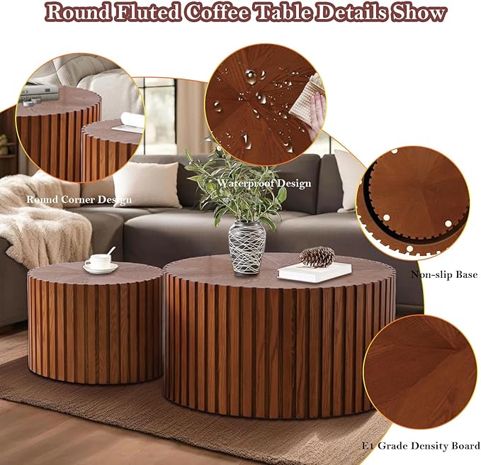 Handcraft Round Nesting Coffee Table - Chic Wave Stripe Edge, Modern Stylish Walnut Wooden Circle Fluted Center Table for Living Room (27.6in+19.7in)