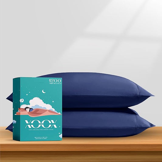 XOOX Linen 100% Egyptian Cotton Pillow Cases King Size Set of 2 - Luxury 1200 Thread Count Sateen Navy Blue Pillow Covers, Soft & Breathable 5 Star Hotel-Quality Pillowcases, Fits King Size Pillows