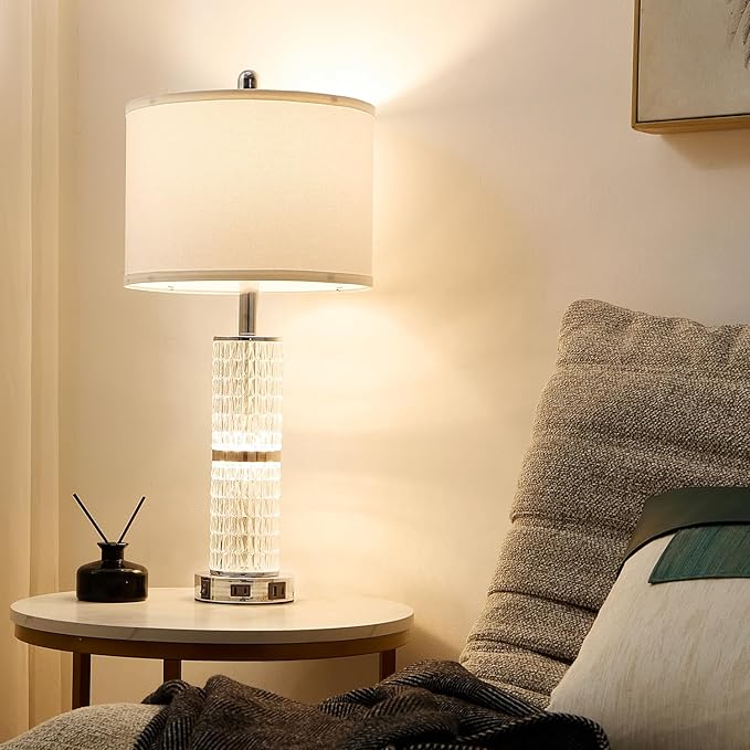 Crystal Table Lamps Modern 3-Way Dimmable Bedside Lamp with 2 USB Ports & AC Outlets for Living Room Bedroom Nightstand Lamp Night Light