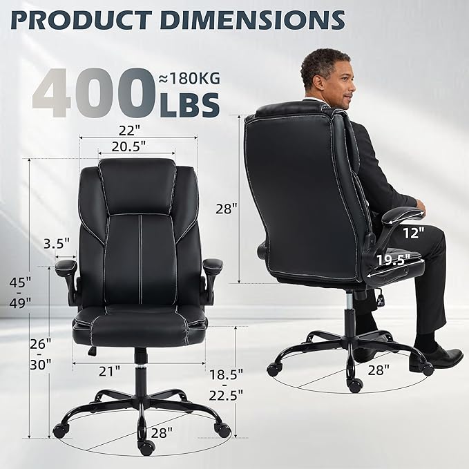Office Chair - Executive Leather High Back Office Desk Chair with Rocking Function - Ergonomic Breathable Comfortable Wide Swivel Rolling Gaming Computer Chair with Flip-up Armrests & Lumbar Support