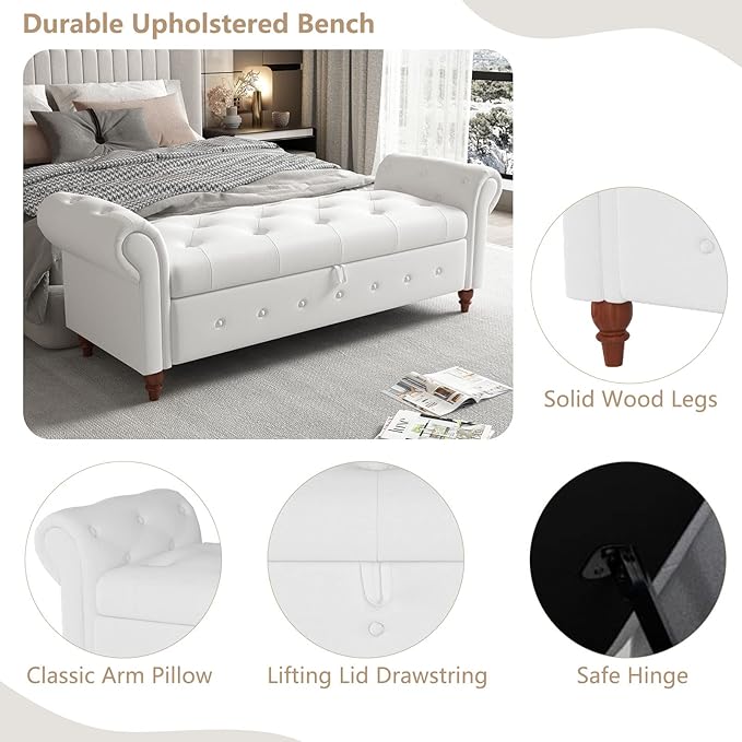 GNIXUU 63" End of Bed Storage Bench for Bedroom, Upholstered Ottoman Seat with Storage for Living Room, Window, Entryway, Cream White Velvet