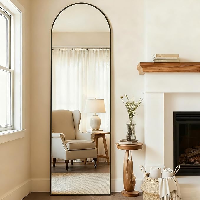 MISSDAY 64"x21" Arched Full Length Mirror, Black Full Body Mirror with Stand, Floor Mirror Long Free Standing, Leaning or Hanging, Aluminum Thin Frame Wall-Mounted Mirrors Wall Mirrors for Bedroom