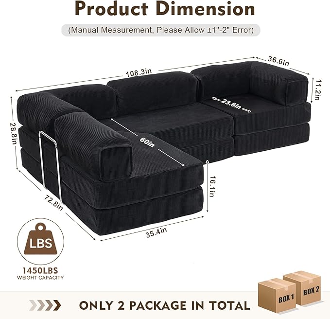 108" L Shaped Couch, Modular Sectional Sofa with Chaise, Cloud Boneless Couch with Deep Seat & Removable Pillow for Living Room, Bedroom,No Assembly Required（Black）