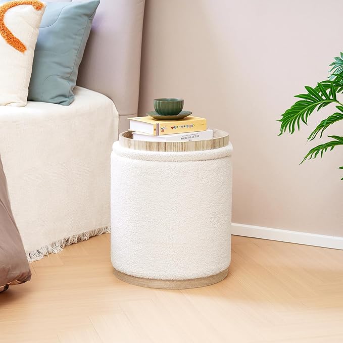 PINPLUS Round Ottoman with Storage Set of 2, Vanity Stool with Tray Storage for Bedroom, Small Teddy Velvet Foot Rest Stool Ottoman for Living Room, Dorm (White)
