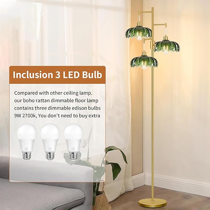 Vintage Floor Lamps for Living Room Bedroom-3 Light Dimmable Gold Floor Lamp with Glass Lampshape, Flower Tall Lamp Modern Mid Century Standing Lamp Green Tree Floor Lamp for Bedroom Corner