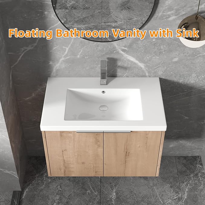Goujxcy 30" Wall Mounted Vanity With Sink, Modern Floating Cabinet With White Resin Wash Basin & Storage, Soft-Close Door Plywood Hanging Bathroom Cabinet (Imitative Oak)