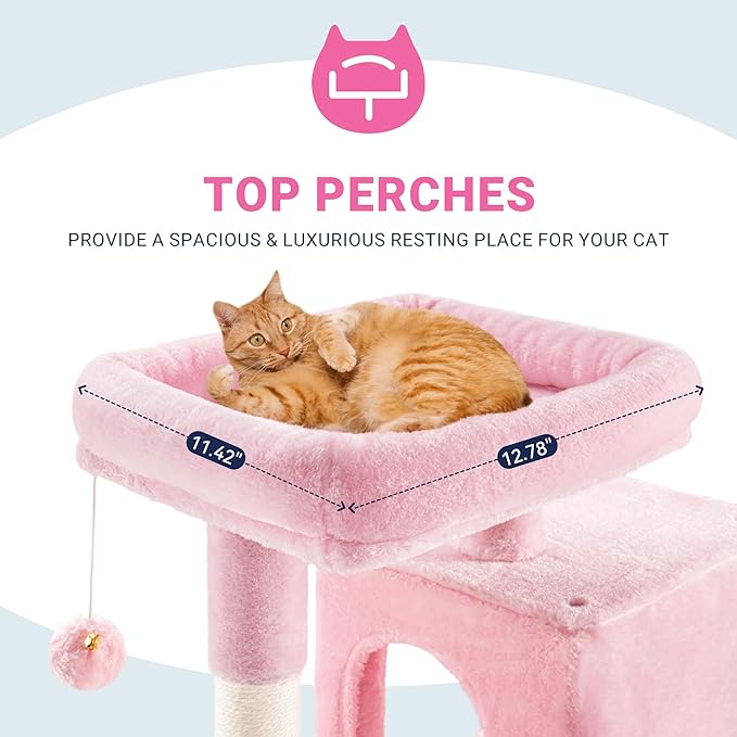 Allewie 29 Inches Cat Tree Tower/Plush Perches Platform/Condo/House/Sisal Scratching Posts/Multi-Level Activity Center Furniture for Kittens/Pink