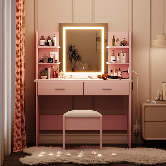 Garvee Vanity Desk with Lights | Tri-Mode LED Lighted Mirror & Charging Station | Makeup Vanity Set with 6 Shelves, 2 Drawers, Soft Cushion Stool | Dimmable Vanity Desk for Bedroom (Pink)