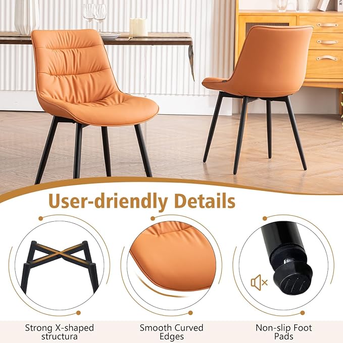 Kidol & Shellder Dining Chairs Set of 2, Modern Upholstered Faux Leather Kitchen Side Chairs with Comfortable Back - Mid-Century Armless Chair for Dining living Room Bedrooms, with Metal Legs (Orange)