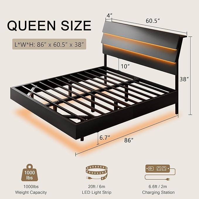 Floating Bed Frame Queen Size with Led Headboard and Charging Station, Metal Platform Bed Base with Storage, Remote Control, Heavy Slats Support, No Box Spring Needed, Noise Free, Black