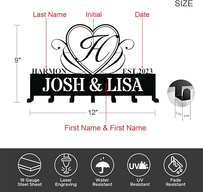 Personalized Monogram Key Holder, 7-Hook Metal Wall Key Rack with Name Sign - Entryway Organizer, Rustic Housewarming Gift