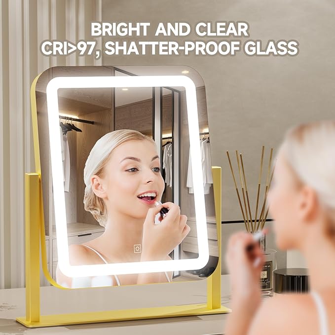 PRIMETEK Vanity Mirror with Lights, 16"x14" Large LED Lighted Makeup Mirror, Hollywood Makeup Mirror, Touch Screen, 3-Color Lighting, 5X Magnification, for Vanity Desk Tabletop, Bedroom, Gold