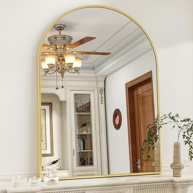 32"x48" Arched Bathroom Mirror with Aluminum Frame Arched Wall Mounted Vanity Mirror for Entryway, Bedroom, Living Room, Gold