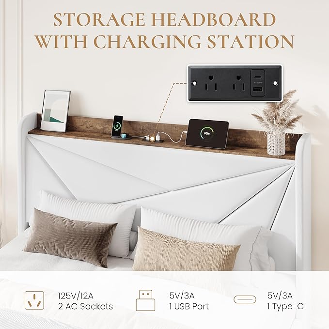 SHA CERLIN Queen Bed Frame with 3 Drawers, USB & Type-C Charging Ports, Velvet Upholstered Platform Bed with Modern Geometric Wingback Storage Headboard, No Box Spring Needed, Easy Assembly, White