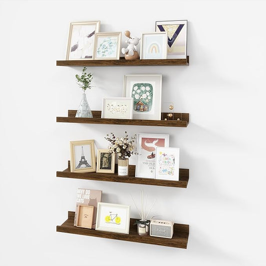 Picture Ledge Shelf, Wood Floating Shelves Set of 4, 24 inch Picture Ledge Shelves, Photo Ledge Nursery Book Shelves Wall Mounted for Living Room Kids' Room Bedroom, Color Walnut