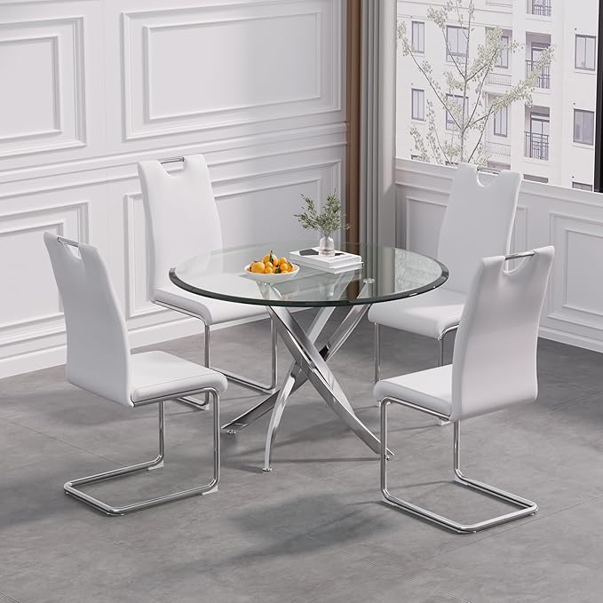 36" Round Dining Table for 4, Glass Kitchen & Dining Room Tables, Modern Circle Dining Room Table w/0.39" Tempered Glass Tabletop,Silver Finish Stainless Steel Legs for Dinner Small Space(No Chairs)