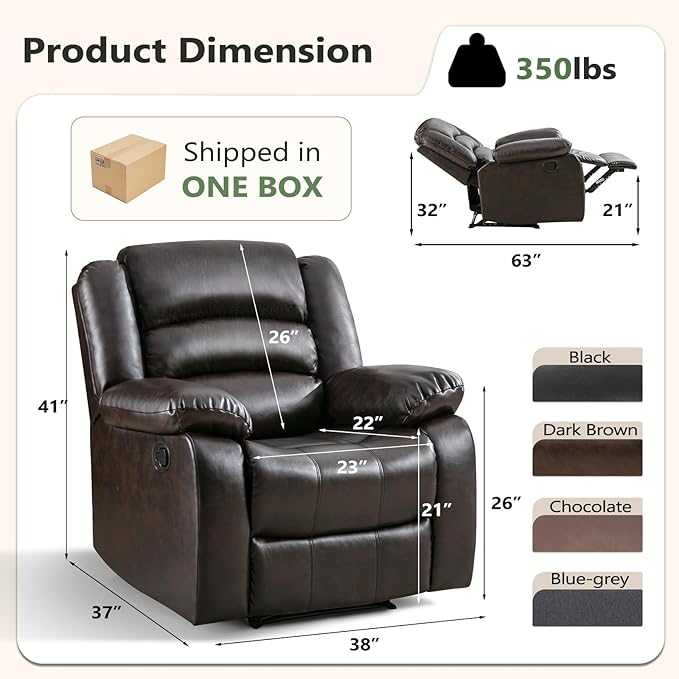 ANJ Manual Recliner Chair Set of 2, Breathable Faux Leather Reclining Chairs with Overstuffed Arm and Back, Living Room Single Sofa Recliners (Dark Brown)