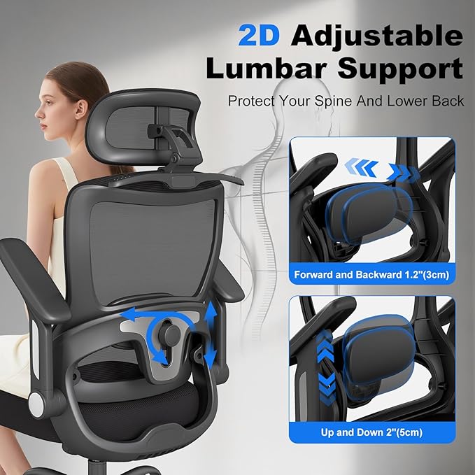 ZZH Ergonomic Office Chair, High Back Home Desk Chair with Adjustable Lumbar Support, Headrest, Flip-Up Arms, 90-135° Tilt Lock and Wide Cushion, Big and Tall Mesh Computer Seating with Wheels