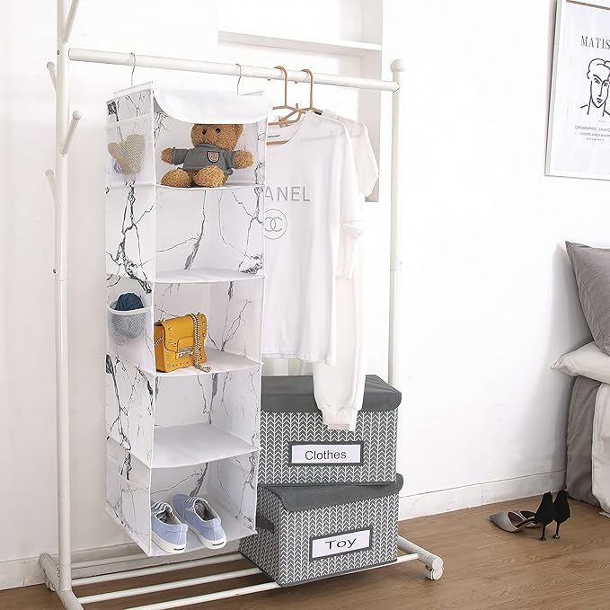 5 Shelves Hanging Closet Organizer, 2 Pack Hanging Storage with 6 Side Pockets for Clothes Shoes, 43"x12"x12"(Marblizing)