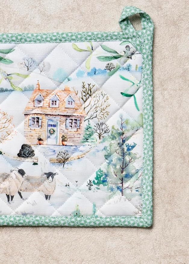 Maison d' Hermine Pot Holders Set 100% Cotton Heat Resistant Potholders 8" x 8" Hot Pads with Loop for Thanksgiving Christmas Decorations BBQ Cooking Baking Handling Hot Pans (Pack of 2, Snowy World)