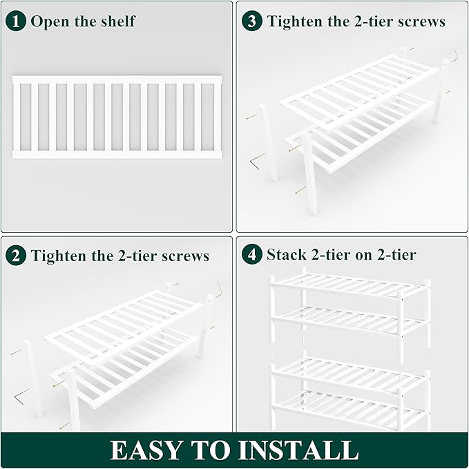 Smiry Shoe Rack, 4 Tier Bamboo Shoe Organizer, Stackable Free Standing Wooden Shoe Storage Shelf for Closet, Entryway, Front Door Entrance, White