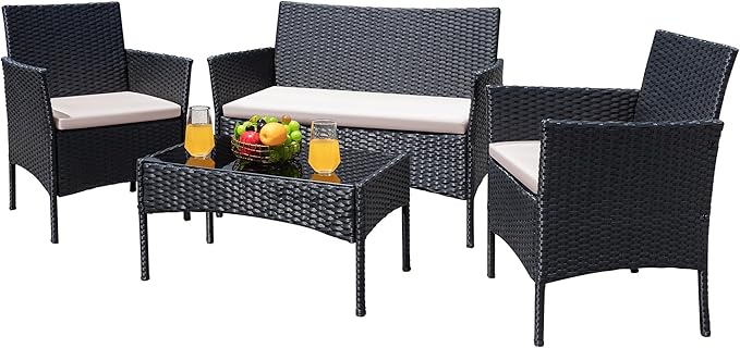 Greesum Patio Furniture 4 Pieces Conversation Sets Outdoor Wicker Rattan Chairs Garden Backyard Balcony Porch Poolside loveseat with Cushion and Glass Table, Black and Beige