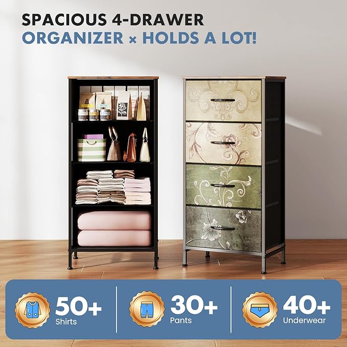 DUMOS Nightstand with 4 Drawers Bedside Table with Removable Fabric Bins Sturdy Steel Frame Wood Top Organizer Furniture for Bedroom Closet Living Room,Floral Painted