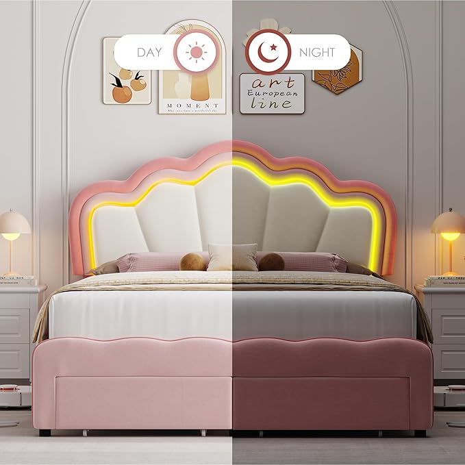 HOSTACK Queen Upholstered LED Bed Frame with Storage Drawers, Cute Girls Bed with Adjustable Lotus Headboard, Velvet Princess Platform Bed Frame, Wooden Slats Support, No Box Spring Needed, Pink/Beige