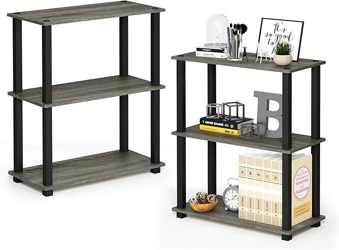 Furinno TURN-S-TUBE Storage Shelves Set of 2, 3-Tier Book Shelf, Corner Shelf, Toolless Open Shelves, Square Tubes, for Organization and Storage, Living Room, Garage, Home Office, French Oak