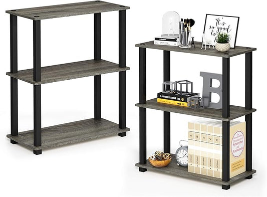 Furinno TURN-S-TUBE Storage Shelves Set of 2, 3-Tier Book Shelf, Corner Shelf, Toolless Open Shelves, Square Tubes, for Organization and Storage, Living Room, Garage, Home Office, French Oak