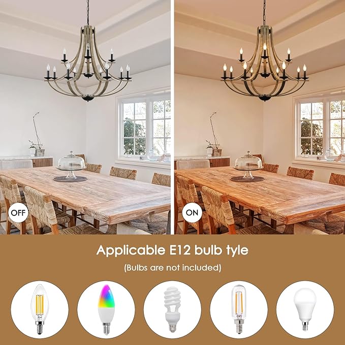 Farmhouse Chandeliers for Dining Room Light Fixture, 2 Tier 12-Light 41" Adjustable Height Retro Faux Wood Texture Rustic Light Fixtures for Living Room Bedroom Kitchen Island Foyer Entryway