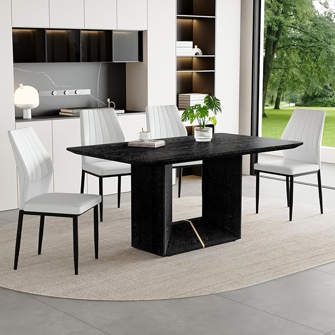 63" Modern Black Dining Table Set for 4 with Chairs, 5 Piece Rectangular Dining Room Table and 4 PU Leather Chairs, Kitchen Dining Set with Matte Wood Finish, Geometric Base, Easy Assembly