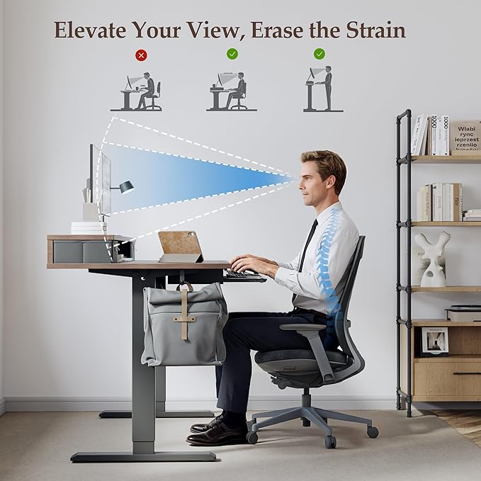 Klicelor 55 Inch Electric Standing Desk with Drawers and Keyboard Tray, Height Adjustable Desks for Home Office, Sit Stand Up Computer Workstation with Two Pieces, Rustic Brown