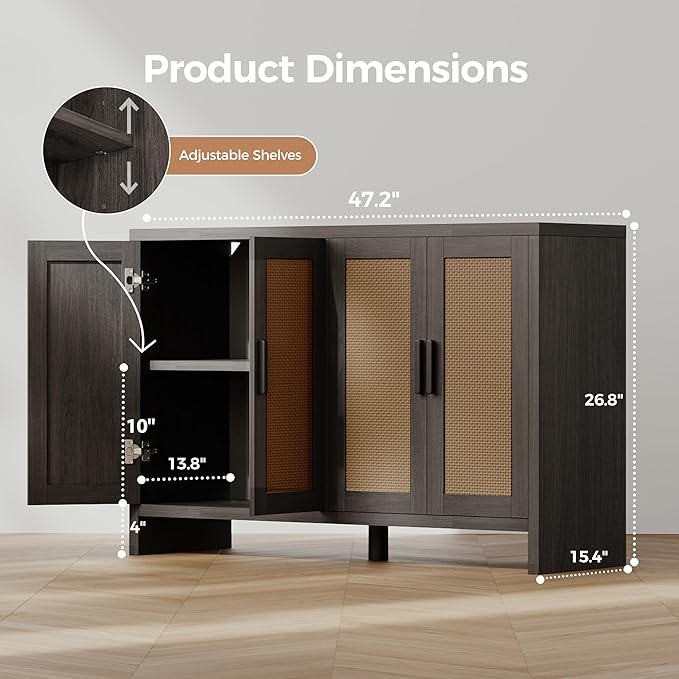 Mericonia Rattan Buffet Cabinet with Storage, Sideboard with Doors, TV Stand, Farmhouse Side Board Coffee Bar, Modern Wood Storage Cabinets for Livingroom, Kitchen and Dining Room (Black)