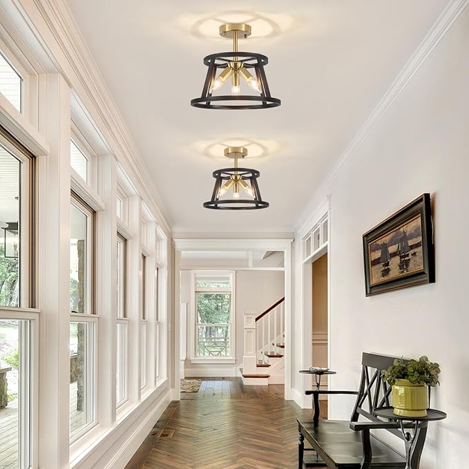 Modern Black and Brushed Gold Semi Flush Mount Ceiling Light, 3 Lights Industrial Close to Ceiling Light Fixtures, 12.59" Ceiling Lamp for Hallway Entry Laundry Bedroom Kitchen Lighting, UL Listed