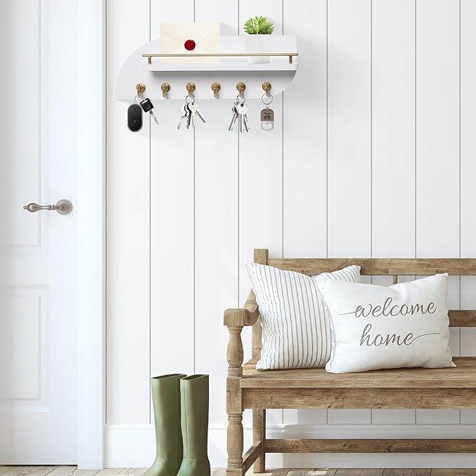 Key Holder for Wall, Decorative Key and Mail Organizer with 6 Sturdy Metal Hooks and Floating Shelf, 14 Inches Wood Wall Mounted Key Rack for Entryway, White and Gold