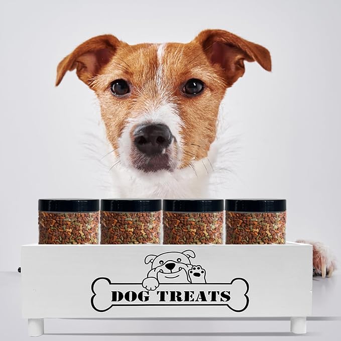 Large Dog Treats Container, Dog Cookie Jar for Dogs Cat Treats Container, Farmhouse Wood Pet Treats Storage Organizer for Dog Food Storage Container with 4 Jars, Cat Dog Treat Organizer(White)