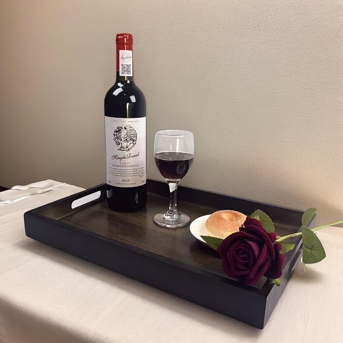 14.9''x10.2''x1.57'' Bamboo Wooden Tray with Handles, Rectangular Natural Solid Wood, Black Walnut Color Serving Tray Suitable for Kitchen,Bedroom,Coffee, Party Bars.