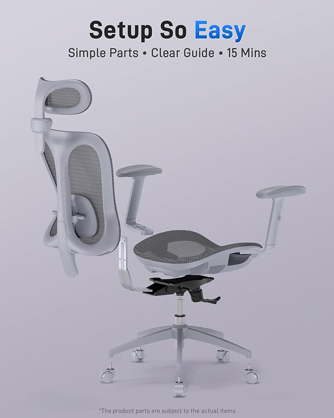 Ergonomic Office Desk Chair, Comfortable Computer Gaming Chair, Breathable Mesh Back & Seat, Adjustable Armrest & Headrest, Lumbar Support, Butterfly Design for Home Office (Gray)