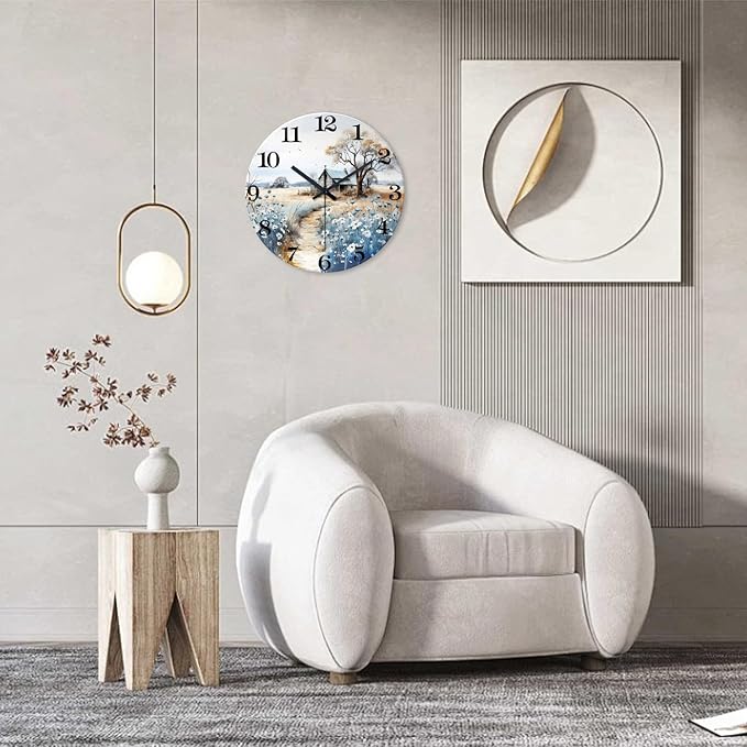 XNM Round Clock Battery Operated 16 Inch Wood Analog Large Wall Clocks for Living Room Blue Flower Wall Clock Silent(No Solid Wood, It is with MDF Material)