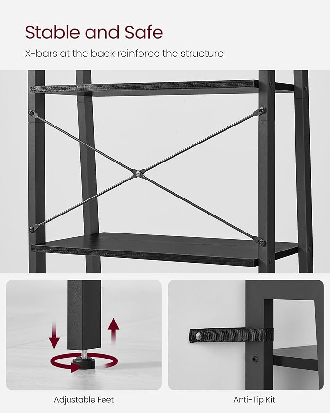 VASAGLE Ladder Shelf, 5-Tier Bookshelf, Storage Rack, Bookcase with Steel Frame, for Living Room, Home Office, Kitchen, Bedroom, Industrial Style, Ebony Black and Ink Black ULLS045B56