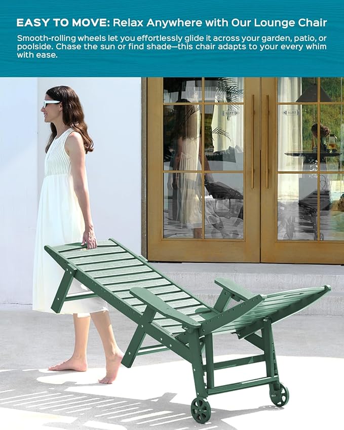 Outdoor Chaise Lounge Chair Set of 2, Patio Lounge Chairs for Outside, HDPE Lounge Chair with Wheels & Cup Holder, Poly Chair with 5 Position for Poolside, Deck, Green