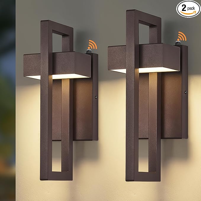 tewei LED Outdoor Wall Sconce Dusk to Dawn Outdoor Lighting, Modern Exterior Lighting Fixtures, Brown LED Front Porch Lights Outside Wall Mount Lights for House, Hallway, Warm White 3000K, 2 Pack