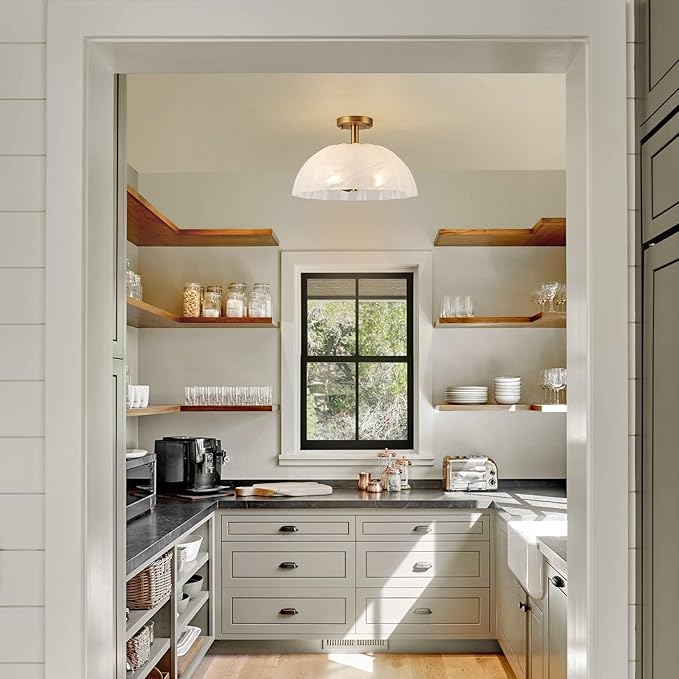 Mid-Century Modern Brushed Gold Semi Flush Mount Ceiling Light,2-Light Pumpkin Design Ceiling Light Fixture with Milky Cloudy Glass Shade,for Living Room,Dining Room,Bedroom,Entryway(15.98 inch)