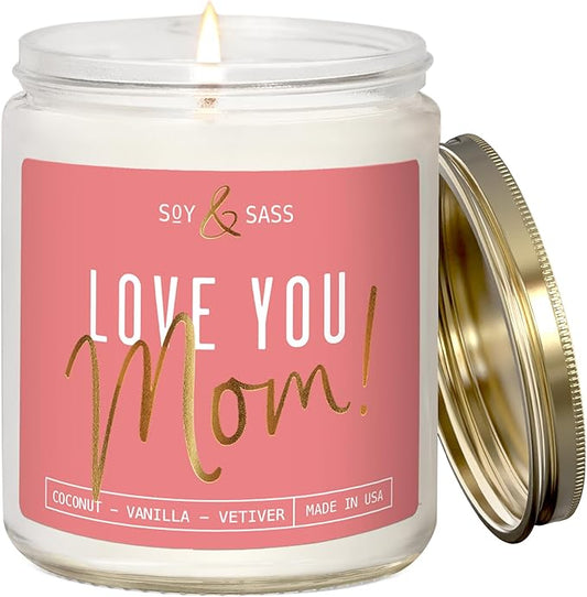 Gifts for Mom, Mom Birthday Gifts, Mothers Day Gifts for Mom - 'Love Mom' Soy Candle, w/Coconut & Vanilla I Birthday Gifts for Mom Gifts from Daugher or Son I 50Hr Burn, USA Made