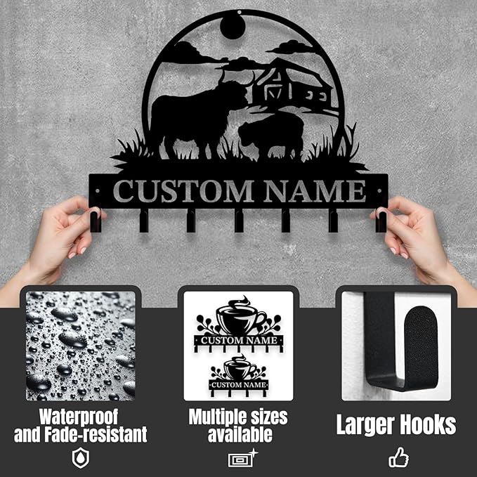 Personalized Highland Cow Metal Keys Hooks,Custom Name Metal Highland Cow Keys Hooks,Black Metal Highland Cow Wall Home Storage Decorative Keys Hooks,Key Holder Hooks for Wall (Style J)