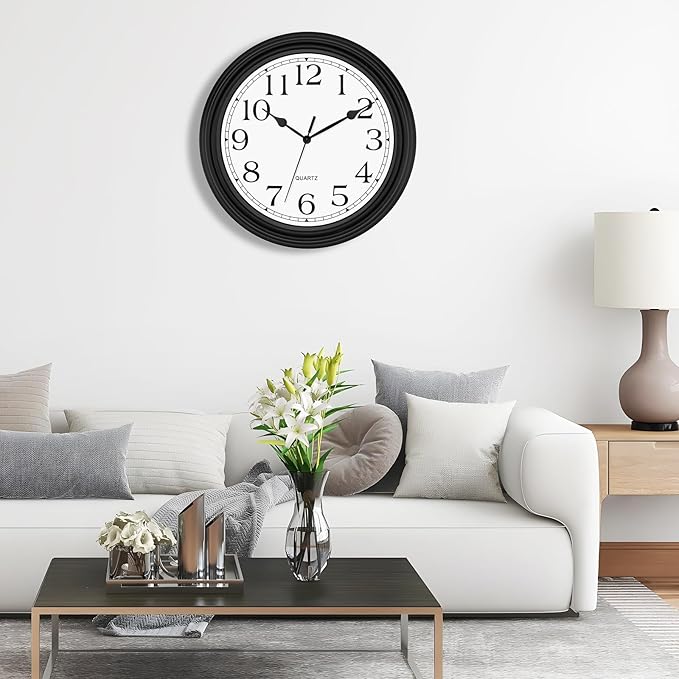 Foxtop 14 Inch Wall Clock Battery Operated Silent Non-Ticking Round Classic Vintage Retro Wall Clock Decorative for Living Room Kitchen Home Office (Black)